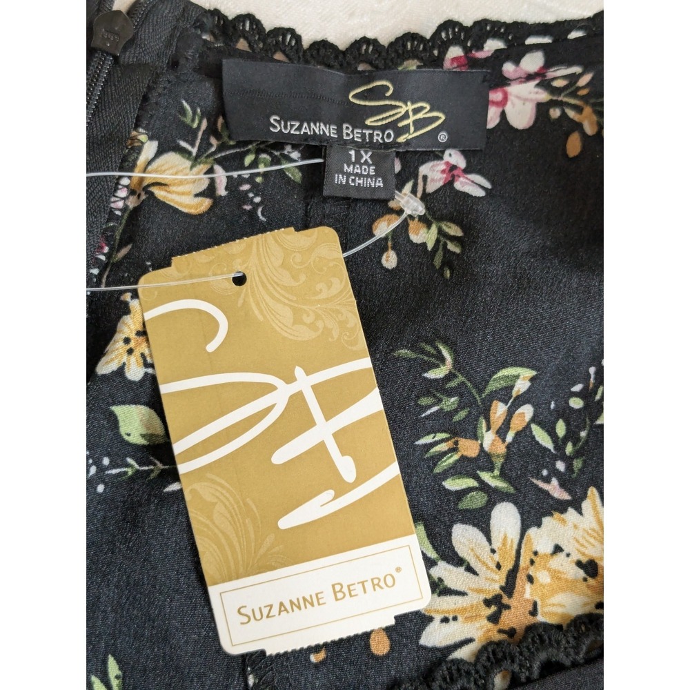 Suzanne Betro Black Floral Tie Front Long Bell Sleeve Midi Dress Size 1X - Picture 7 of 12